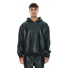 Load image into Gallery viewer, FAUX LEATHER PULLOVER SWEATSHIRT IN BLACK
