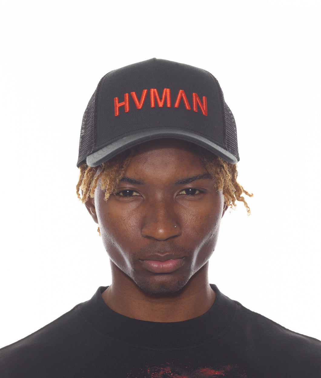 HVMAN MESH TRUCKER CAP IN BLACK /W RED LOGO